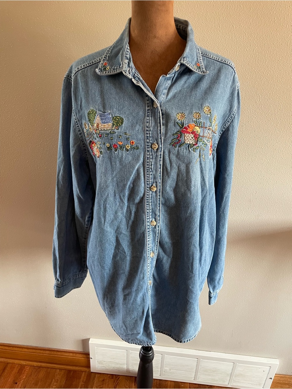 Bobbie Brooks Light Blue Denim Button-Down Shirt with Fall Embroidery